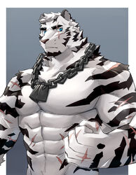  1boy abs animal_ears arknights bara chain_necklace chains completely_nude fluffy furry furry_male highres jewelry kenjilo_(kenjilokung) large_pectorals looking_at_viewer male_focus mountain_(arknights) muscular muscular_male navel navel_hair necklace no_nipples nude pectorals scar scar_across_eye scar_on_arm scar_on_face scar_on_stomach short_hair solo stomach tiger_boy tiger_ears upper_body white_fur white_hair 