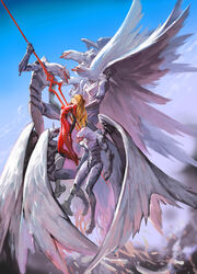  absurdres angel_wings bident blue_sky bodysuit breasts chinese_commentary closed_eyes cloud commentary_request evangelion_(mecha) falling_feathers feathers female flying highres holding holding_polearm holding_weapon impaled interface_headset lance_of_longinus_(evangelion) large_wings long_hair mass_production_eva medium_breasts neon_genesis_evangelion orange_hair pilot_suit plugsuit polearm red_bodysuit sky souryuu_asuka_langley teeth the_end_of_evangelion two_side_up weapon white_wings wings yangmie_mieyi 