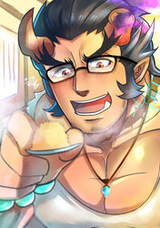  1boy absurdres bara beard black-framed_eyewear blue_hair blush broken_horn covered_nipples dark_blue_hair demon_boy demon_horns facial_hair fiery_horns glasses highres horns jewelry kageru_(mofnyan) large_pectorals long_sideburns male_focus mature_male muscular muscular_male necklace oerba_yun_fang pectoral_cleavage pectorals shirt short_hair sideburns solo steam stubble takemaru_(housamo) thick_eyebrows tokyo_afterschool_summoners torn_clothes torn_shirt upper_body white_shirt 