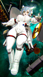  blue_hair chromatic_aberration eyelashes female floating floating_hair floating_object gloves highres hiragana_oufu looking_at_viewer open_mouth original short_hair solo space space_station spacesuit star-shaped_pupils star_(symbol) symbol-shaped_pupils white_gloves yellow_eyes 