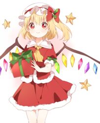  :&gt; adapted_costume blonde_hair christmas crystal feet_out_of_frame female flandre_scarlet fur_trim gift hat holding holding_gift looking_at_viewer mob_cap namori_(style) one_side_up red_eyes sasaki_sakiko short_hair simple_background solo touhou v-shaped_eyebrows white_background white_hat wings 