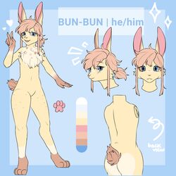  1:1 anthro big_ears blue_eyes bread bun_(bunbuniarts) fluffy food fur gesture gradient gradient_fur hair hand_gesture hi_res lagomorph leporid long_hair male mammal markings pawpads rabbit solo spots spotted_markings tan_body tan_fur tan_hair v_sign 