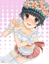  absurdres alternate_costume apron black_eyes black_hair blush commentary_request commission enmaided female flower hair_flower hair_ornament head_wreath highres looking_at_viewer maid miniskirt nao_suke navel open_mouth pink_background red_skirt short_hair skeb_commission skirt smile solo thighhighs toaru_kagaku_no_railgun toaru_majutsu_no_index uiharu_kazari white_apron white_background white_thighhighs wrist_cuffs 