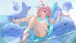  ahoge arm_up ass bare_legs barefoot bikini blue_archive blue_eyes blue_jacket cameltoe eyewear_on_head feet female flat_chest frilled_bikini frills hair_bobbles hair_ornament halo highres hoshino_(blue_archive) hoshino_(swimsuit)_(blue_archive) inflatable_toy inflatable_whale jacket long_hair long_sleeves looking_at_viewer low_twintails one_eye_closed open_mouth pink_hair smile soles solo sunglasses swimsuit thighs toes toto_(caaaaarrot) twintails very_long_hair white_bikini 