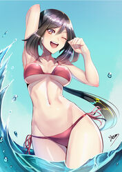  absurdres bikini black_hair blush breasts female highres long_hair navel one_eye_closed open_mouth original panties red_bikini swimsuit underwear very_long_hair yasu_suupatenin 