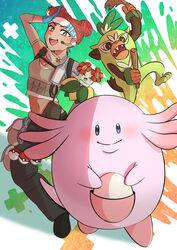  absurdres animification apex_legends bellossom black_pants blue_eyes blue_gloves blush breasts brown_tank_top chansey crop_top crossover detached_sleeves double_bun egg female gloves hair_bun headband highres holding holding_poke_ball lifeline_(apex_legends) looking_at_viewer medium_breasts midriff navel nyanbo open_mouth pants poke_ball poke_ball_(basic) pokemon pokemon_(creature) sharp_teeth smile tank_top teeth thwackey upper_teeth_only v-shaped_eyebrows white_headband 