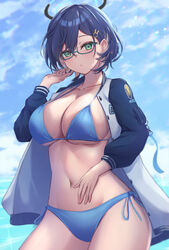  absurdres alternate_costume aqua-framed_eyewear bikini blue_archive blue_bikini blue_hair blush breasts chihiro_(blue_archive) cleavage closed_mouth collarbone commentary female glasses green_eyes hair_ornament halo halterneck hand_in_own_hair hand_on_own_stomach highres jacket large_breasts long_sleeves looking_at_viewer navel neko_punch_(user_hddm3373) open_clothes open_jacket outdoors rabbit_hair_ornament semi-rimless_eyewear short_hair side-tie_bikini_bottom sideboob solo stomach swimsuit under-rim_eyewear underboob 