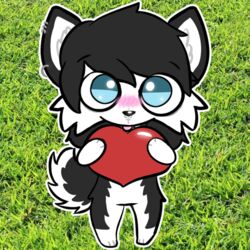  1:1 anthro big_eyes black_body black_fur blush canid canine canis domestic_dog emo_haircut facial_piercing fur heart_symbol husky lilcone male mammal nordic_sled_dog nose_piercing piercing rivey_ravenheart septum_piercing solo spitz telegram_sticker tongue tongue_out white_body white_fur 