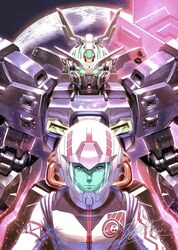  1boy glowing glowing_eyes gundam hair_between_eyes helmet jutta_qasim male_focus mecha mobile_suit moon moon_gundam moon_gundam_(mobile_suit) normal_suit pilot_suit psycho_plates robot science_fiction straight-on totthii0081 v-fin 