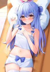  absurdres animal_ears bare_arms bare_shoulders blue_bow blue_hair blue_ribbon blue_shirt blue_shorts blush bow bow_shorts closed_mouth collarbone cowboy_shot crop_top double_bun extra_ears female hair_between_eyes hair_bun hair_ribbon hand_on_own_chest highres hololive long_hair looking_at_viewer lying mikumineko navel on_back on_bed orange_eyes pillow rabbit-shaped_pupils rabbit_ears ribbon shirt short_eyebrows short_shorts shorts sidelocks smile solo stomach symbol-shaped_pupils thick_eyebrows thighhighs usada_pekora virtual_youtuber white_thighhighs 