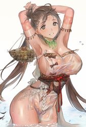  armpits arms_behind_head arms_up bare_shoulders basket body_markings breasts brown_eyes brown_hair clam dress facial_mark fate/grand_order fate_(series) female forehead forehead_mark grin highres himiko_(fate) himiko_(first_ascension)_(fate) jewelry katase_bono large_breasts long_hair looking_at_viewer magatama magatama_necklace necklace no_bra no_panties sash side_slit sideboob smile solo thighs topknot twintails wading water wet white_dress 