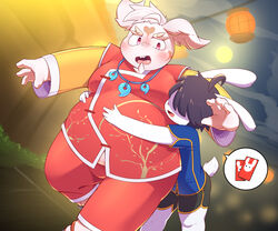  absurd_res ahoge anthro asian_clothing belly blush chinese_clothing chinese_new_year chinese_zodiac clothing duo east_asian_clothing fur hair hair_over_eyes hi_res holidays hug inaba_(tas) jewelry lagomorph leporid lifewonders long_ears male male/male mammal necklace overweight overweight_male rabbit tokyo_afterschool_summoners tolild white_body white_fur year_of_the_rabbit 