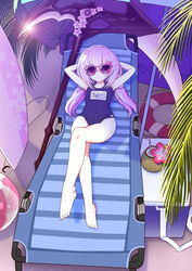  absurdres arms_up ball bare_legs barefoot beach beach_chair beachball coconut_cup cooler covered_navel crossed_legs duel_monster female flat_chest full_body ghost_reaper_&amp;_winter_cherries hair_between_eyes highres lifebuoy long_hair looking_at_viewer lying name_tag on_back pink-framed_eyewear pink_hair purple-tinted_eyewear school_swimsuit scythe solo sunglasses swim_ring swimsuit tinted_eyewear twintails yassy yu-gi-oh! 