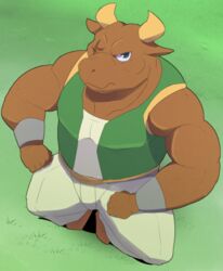  anthro blue_eyes bottomwear bovid bovine brown_body brown_fur clothed clothing cuff_(restraint) european_mythology fully_clothed fur greek_mythology horn humanoid male mammal minotaur minotauros_(puyo_puyo) muscular muscular_male mythology pants puyo_puyo restraints scar sega shirosaru shirt solo tank_top topwear vest wrist_cuffs 