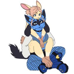  1:1 alpha_channel anthro arc_system_works belt blue_body blue_fur boots bottomwear breasts bridget bun_(bunbuniarts) clothing collar cosplay crossover crossover_cosplay cuddling cutoffs denim denim_bottomwear denim_clothing duo eyeliner fan_character female fishnet_clothing fluffy fluffy_tail footwear fur generation_4_pokemon guilty_gear guilty_gear_strive hair heart_symbol hi_res j0lt jacket ketzel99 lagomorph leporid lipstick long_hair lucario makeup male male/female mammal medium_breasts nintendo pokemon pokemon_(species) rabbit shorts tail tan_body tan_fur topwear trans_(lore) trans_woman_(lore) 