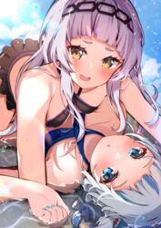  2girls bare_shoulders beach bikini blue_eyes blue_hair blue_nails blush breasts criss-cross_halter fingernails gawr_gura grey_hair halterneck hololive hololive_english looking_at_viewer lying multicolored_hair multiple_girls murasaki_shion murasaki_shion_(hololive_summer_2019) on_back outdoors shark_girl small_breasts streaked_hair swimsuit takumin_dx virtual_youtuber water yellow_eyes 