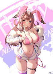  absurdres animal_ears animal_on_head artist_name bare_shoulders bikini bikini_top_only black_hairband blush braid breasts chinese_zodiac cleavage closed_mouth collarbone cowboy_shot earrings fake_animal_ears female fur-trimmed_sleeves fur_trim hairband hand_in_pocket highres jacket jewelry ken-san large_breasts long_sleeves looking_at_viewer navel necklace on_head open_clothes open_jacket original pink_bikini purple_thighhighs rabbit rabbit_ears rabbit_on_head rabbit_on_shoulder red_eyes sideboob skindentation smile solo stomach swimsuit thigh_gap thighhighs v white_jacket year_of_the_rabbit 