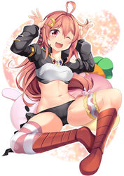  ;3 ;d ahoge arms_up asymmetrical_legwear black_jacket black_panties blush boots breasts carrot-shaped_pillow collarbone commentary_request cosplay crescent crescent_hair_ornament cropped_jacket female full_body groin hair_between_eyes hair_ornament hair_ribbon hidaka_rina highres jacket jewelry kantai_collection knee_boots long_hair long_sleeves looking_at_viewer low-tied_long_hair magatama magatama_necklace midriff milim_nava milim_nava_(cosplay) navel necklace one_eye_closed open_mouth panties pillow pink_eyes pink_hair polka_dot polka_dot_legwear puffy_long_sleeves puffy_sleeves rabbit-shaped_pillow rabbit_hair_ornament rabbit_pose red_footwear ribbon shrug_(clothing) sidelocks single_thighhigh sitting small_breasts smile solo spread_legs striped_clothes striped_thighhighs tensei_shitara_slime_datta_ken thigh_strap thighhighs underwear uneven_legwear uzuki_(kancolle) very_long_hair voice_actor_connection white_background yasume_yukito 