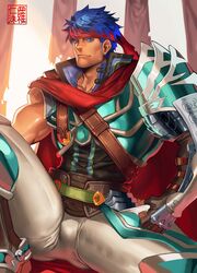  1boy bara blue_eyes blue_hair bulge cape collarbone feet_out_of_frame fingerless_gloves fire_emblem gloves headband highres ike_(fire_emblem) leg_up looking_at_viewer male_focus muscle na_insoo pants red_cape revision single_pauldron sitting thick_thighs thighs tight tight_pants white_pants 