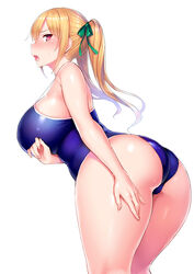  arm_under_breasts ass back blonde_hair blush breasts commentary_request competition_school_swimsuit cowboy_shot female green_ribbons highres huge_breasts kneepits long_hair looking_at_viewer looking_back one-piece_swimsuit open_mouth original photoshop_(medium) plump red_eyes ribbon school_swimsuit simple_background skindentation solo standing sweatdrop swimsuit thighs tsukumiya_amane twintails white_background 