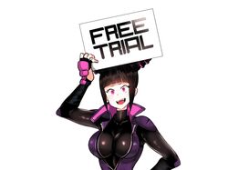  absurdres black_hair blunt_bangs bodysuit breasts commentary_request english_text eye_(mememem) female fingerless_gloves gloves hair_horns highres holding holding_sign impossible_bodysuit impossible_clothes juri_han large_breasts open_mouth pink_eyes pink_nails sign smile solo street_fighter street_fighter_v turtleneck upper_body 