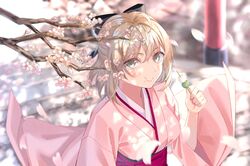  ahoge bad_id bad_pixiv_id black_bow bow breasts cherry_blossoms chewing commentary dango eating falling_petals fate/grand_order fate_(series) female food food_on_face green_eyes hairbow hakama hakama_skirt highres japanese_clothes kimono koha-ace long_sleeves looking_at_viewer medium_breasts naruse_(0819) okita_souji_(fate) okita_souji_(koha-ace) petals pink_kimono platinum_blonde_hair sanshoku_dango short_hair skirt solo stairs standing stone_stairs wagashi wide_sleeves 