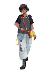  1boy absurdres arknights bag black_footwear black_hair black_shirt boots casual character_name chayinlulu dark-skinned_male dark_skin earrings full_body highres jewelry long_hair looking_at_viewer male_focus official_alternate_costume open_mouth pants shirt short_ponytail short_sleeves shoulder_bag simple_background solo thorns_(arknights) thorns_(comodo)_(arknights) white_background white_pants yellow_eyes 