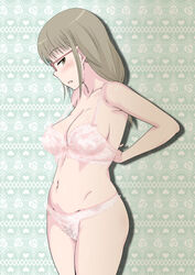  adjusting_bra adjusting_clothes arms_behind_back blush bow bow_bra bra breasts brown_eyes brown_hair cleavage commentary_request cowboy_shot female floral_background glasses green_background groin half-closed_eyes heart lace-trimmed_bra lace-trimmed_panties lace_trim large_breasts light_frown looking_at_viewer minpei_ichigo navel open_mouth panties pink-framed_eyewear shadow solo soredemo_machi_wa_mawatteiru standing sweatdrop tatsuno_toshiko underwear underwear_only white_bra white_panties 