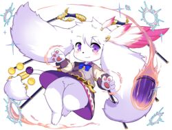  :3 animal_nose blue_bow blush body_fur bow bullet commentary female freikugel_(fullbokko_heroes) fullbokko_heroes furry furry_female long_sleeves looking_at_viewer pawpads purple_eyes simple_background solo takeshi-kemo white_background white_fur 