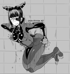  absurdres blunt_bangs bodysuit breasts clenched_teeth commentary_request crack cracked_wall eye_(mememem) eyepatch female full_body greyscale hair_horns highres impossible_bodysuit impossible_clothes juri_han medium_breasts monochrome sidelocks street_fighter street_fighter_v teeth through_wall x-ray 