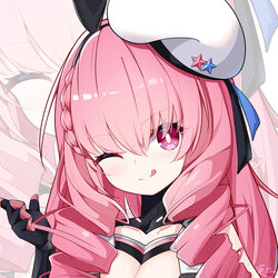  absurdres animal_hood ayla:_kaleido_(punishing:_gray_raven) ayla_(punishing:_gray_raven) bare_shoulders beret black_gloves breasts bright_pupils cleavage closed_mouth drill_hair drill_sidelocks female gloves hat highres hood long_hair one_eye_closed pink_eyes pink_hair punishing:_gray_raven rabbit_hood sidelocks split_mouth tongue tongue_out white_headwear white_pupils yeyou_(pwny8774) zoom_layer 