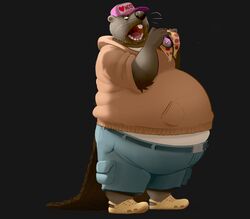  anthro beaver belly belt big_belly brown_body brown_fur buckteeth clothed clothing crocs dessert doughnut eating food footwear fur gaping_mouth hat headgear headwear hi_res holding_food holding_object hoodie hyenahyena male mammal obese obese_anthro obese_male open_mouth overweight overweight_anthro overweight_male pastry pizza rodent solo standing teeth topwear uvula weight_gain 