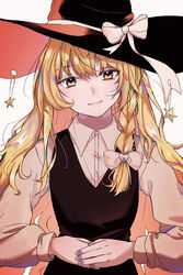  black_dress blonde_hair braid class_mate closed_mouth dress female hat kirisame_marisa long_hair long_sleeves looking_at_viewer nail_polish pinafore_dress polo_shirt purple_nails shirt simple_background sleeveless sleeveless_dress solo touhou upper_body white_background white_shirt witch witch_hat yellow_eyes 