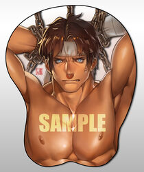  1boy bara bare_chest blue_eyes breast_mousepad brown_hair castlevania chained chained_wrists chains face headband looking_at_viewer male_focus mousepad_(medium) muscle na_insoo nipples pectoral_focus richter_belmont sample sweatdrop upper_body 