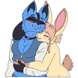  1:1 alpha_channel anthro big_ears blue_body blue_fur blush breasts bun_(bunbuniarts) canid canine clothing collar duo female fur generation_4_pokemon hair hand_holding happy heart_symbol hug hugging_another hugging_from_behind j0lt jacket ketzel99 lagomorph leporid love lucario male male/female mammal medium_breasts nintendo pokemon pokemon_(species) rabbit showing_teeth tan_body tan_fur tan_hair topwear trans_(lore) trans_woman_(lore) zipper 