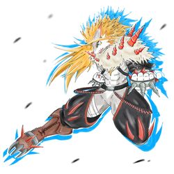  1:1 abs anthro bandai_namco blue_eyes claws clothing crotchless_bottomwear crotchless_clothing digimon digimon_(species) digital_itachi7 hair hi_res long_hair male orange_hair simple_background solo spiked_gauntlets spikes spiky_hair stefilmon white_background 