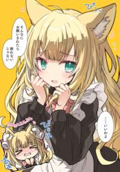  ahoge animal_ear_fluff animal_ears apron black_dress blonde_hair blush bow chibi closed_eyes commentary disembodied_hand dress ear_fondling fangs female flying_sweatdrops fox_ears fox_girl fox_tail frilled_apron frills fuwafuwa-chan_(kamiyoshi_rika) green_eyes holding holding_own_hair kamiyoshi_rika long_hair long_sleeves maid maid_apron nose_blush open_mouth orange_background original pink_bow puffy_long_sleeves puffy_sleeves sweat tail translated very_long_hair wavy_mouth white_apron 