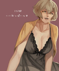  alternate_costume black_dress blonde_hair breasts breasts_day brown_background cleavage commentary_request dated dress female genderswap_(mtf) good_breasts_day hair_between_eyes higekiri_(touken_ranbu) large_breasts open_mouth rule_63 shirt shirt_on_shoulders short_hair sleeveless sleeveless_dress solo touken_ranbu upper_body yellow_eyes yellow_shirt z.i 