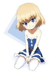  bare_shoulders belt black_belt blonde_hair blue_dress blue_eyes blue_santa_costume blush bob_cut christmas closed_mouth commentary dress female fur_cuffs girls_und_panzer hands_on_lap katyusha_(girls_und_panzer) kayabakoro layered_dress looking_at_viewer oerba_yun_fang santa_costume santa_dress short_dress short_hair sitting smile snowman_print solo strapless strapless_dress thighhighs white_background white_thighhighs yokozuwari 