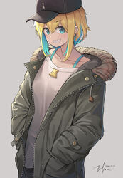  alternate_costume amano_pikamee blonde_hair blue_eyes blue_hair colored_inner_hair english_commentary female fur_trim green_jacket grey_background hands_in_pockets highres jacket multicolored_hair short_hair smile solo tofumang virtual_youtuber voms 