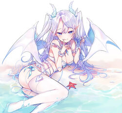  :q ass bare_shoulders beach bikini blue_eyes blush breasts cleavage closed_mouth commentary_request demon_girl demon_horns demon_tail demon_wings female finger_to_mouth fingernails hands_up heart highres horns index_finger_raised long_hair looking_at_viewer medium_breasts original pointy_ears sharp_fingernails slit_pupils smile solo starfish swimsuit tail thighhighs tongue tongue_out two_side_up water white_bikini white_hair white_thighhighs wings yukimiya_yuge 