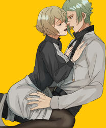  1boy black_pantyhose black_shirt blonde_hair breasts closed_eyes commentary_request dated_commentary feet_out_of_frame female genderswap_(mtf) hands_on_another&#039;s_chest higekiri_(touken_ranbu) hizamaru_(touken_ranbu) large_breasts long_sleeves looking_at_another open_mouth pantyhose pink_nails rule_63 shirt short_hair sitting sitting_on_person skirt straight touken_ranbu white_shirt white_skirt yellow_background yellow_eyes z.i 