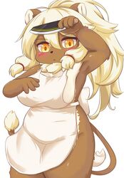  2019 4_fingers anthro apron apron_only big_breasts blonde_hair blush breasts brown_body brown_fur clothing cyberconnect2 dawon_(full_bokko_heroes) drecom eigetsu female female_anthro fingers full_bokko_heroes fur hair kemono knife long_hair looking_at_viewer mammal mostly_nude orange_eyes raised_arm short_stack side_boob simple_background solo standing white_apron white_background white_clothing 