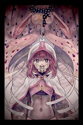  arms_at_sides bandages black_border black_shirt blush bodystocking border braid bug cloak covered_mouth crop_top doppel_(madoka_magica) dot_nose female giovanna_(madoka_magica) highres hood hood_up hooded_cloak looking_at_viewer magia_record:_mahou_shoujo_madoka_magica_gaiden magical_girl mahou_shoujo_madoka_magica midriff mixed-language_commentary moth navel pink_eyes pink_gemstone pink_hair pink_trim shirt shitori_egumo_(madoka_magica) side_braids sidelocks solo tamaki_iroha turtleneck twin_braids upper_body uwded_207 white_cloak 