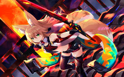  animal_ear_fluff animal_ears arm_strap bare_shoulders black_gloves black_shorts black_thighhighs blonde_hair boots crop_top female fox_ears fox_girl fox_tail gloves green_eyes highres holding holding_sword holding_weapon jacket kokonoe_tsubaki long_hair looking_at_viewer midriff multiple_tails navel open_clothes open_jacket original outstretched_arms revealing_clothes short_shorts shorts sleeveless sleeveless_jacket solo sword tail thighhighs two_tails v-shaped_eyebrows weapon yoshizawa_tsubaki 