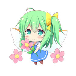  blue_dress blue_eyes brown_footwear chibi collared_shirt commentary_request daiyousei dress fairy_wings female flower full_body green_hair holding holding_flower long_dress lowres natsu_(927013) neck_ribbon pinafore_dress pink_flower ponytail puffy_short_sleeves puffy_sleeves ribbon shirt short_dress short_hair short_sleeves simple_background sleeveless sleeveless_dress solo touhou white_background wings 