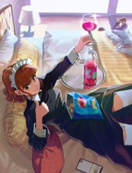  bag_of_chips black_shirt brown_hair cellphone commentary cup day doyagao drinking_glass earrings fanta feet_out_of_frame female garter_straps highres indoors jewelry lamp long_sleeves maid maid_headdress nashigaya_koyomi on_bed original phone pillow shirt shoes short_hair smile smug solo thumbs_up tray unworn_shoes white_legwear wine_glass yellow_eyes 