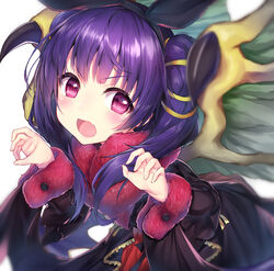  black_dress blush claw_pose dragon_girl dragon_wings dress female fire_emblem fire_emblem:_the_sacred_stones fire_emblem_heroes fur_trim hair_between_eyes hair_ribbon hairband halloween halloween_costume hands_up highres long_hair long_sleeves looking_at_viewer myrrh_(fire_emblem) myrrh_(halloween)_(fire_emblem) oerba_yun_fang open_mouth purple_eyes purple_hair revision ribbon simple_background solo topia twintails upper_body white_background wings yellow_ribbon 