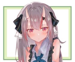  :/ absurdres alternate_costume bad_id bad_pixiv_id black_bow blush border bow female gradient_hair green_border grey_hair hair_ribbon hairbow highres hololive horns long_hair looking_to_the_side multicolored_hair nakiri_ayame nakiri_ayame_(girly) nono_i831 official_alternate_costume oni plaid plaid_bow red_eyes red_hair ribbon shirt simple_background skin-covered_horns solo streaked_hair upper_body virtual_youtuber white_background white_bow white_shirt 