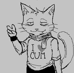  anthro asian_mythology clothing domestic_cat east_asian_mythology felid feline felis gesture hand_gesture japanese_mythology low_res male mammal maneki-neko monochrome mood mythology rhonbon shirt smile text text_on_clothing text_on_shirt text_on_topwear topwear v_sign yokai 